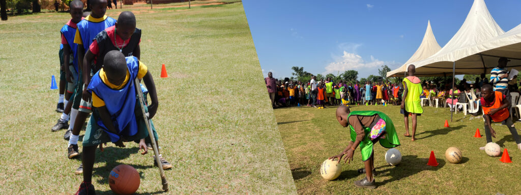 Two photos from the Sports Festivals in Uganda: first is of a line of children passing a football, the young boy in front has walking aids. Second photo is of lots of footballs and students with marquees