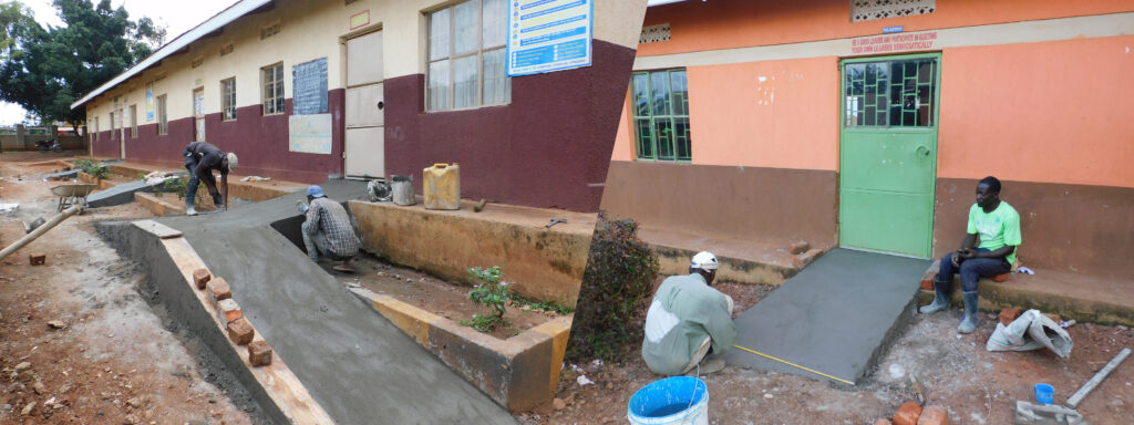 Two photos showing the ramps that have been installed for wheelchair users in Ugandan schools