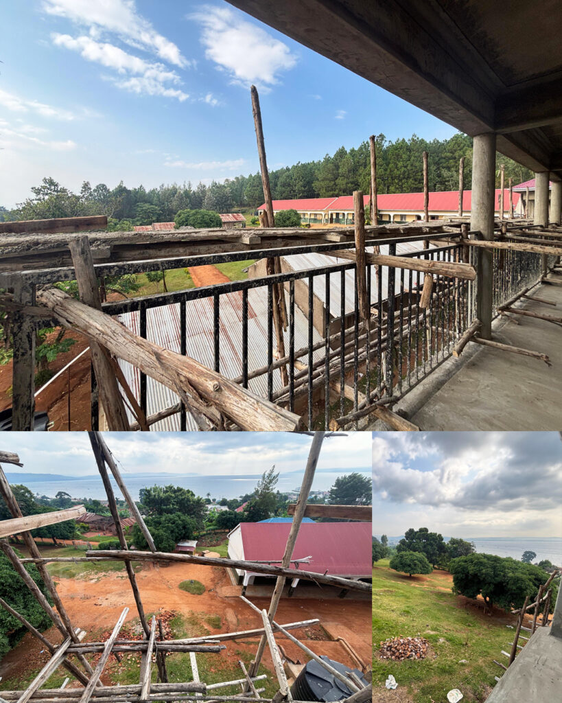 With the wooden scaffolding still up, the classrooms look so nearly finished. Pictured here are the views of the other classroom blocks from the new classroom windows.