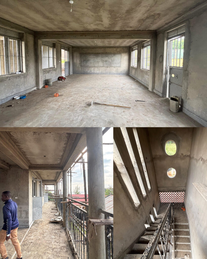 A collage of photos inside the new classrooms, and these ones haven't been painted yet - but they still look bright, airy and big! the stairwell here features some circular windows and long thin windows.