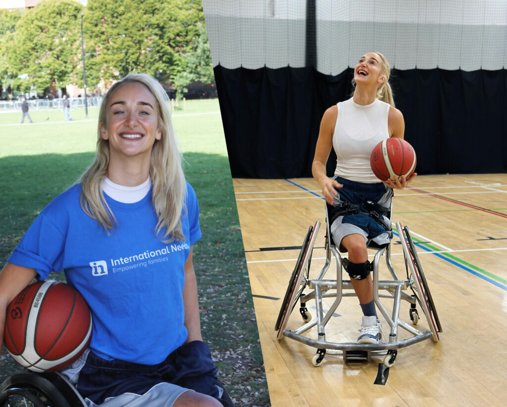 Two pictures of Amy: one of her outside and another of her on a basketball court