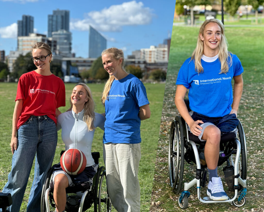 One picture shows Amy smiling with Zoe and Ali of International Needs UK, and another photo beside this is of Amy with a blue International Needs top on