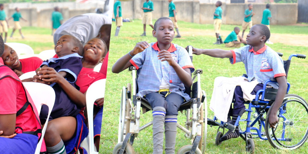 A couple photos of the Sports Festival in Uganda: first is off children laughing and playing, and the second of two brothers in wheelchairs