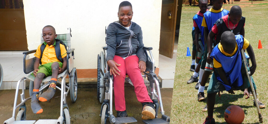 Two pictures show a couple of friends smiling in their wheelchairs, and the other photo of a boy at a Sports Festival picking up the ball with a walking aid
