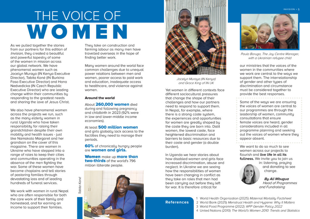An image of 'The Voice of Women' article with pictures of Paula from Romania, Tabita from Burkina Faso and Jocelyn from Kenya.
