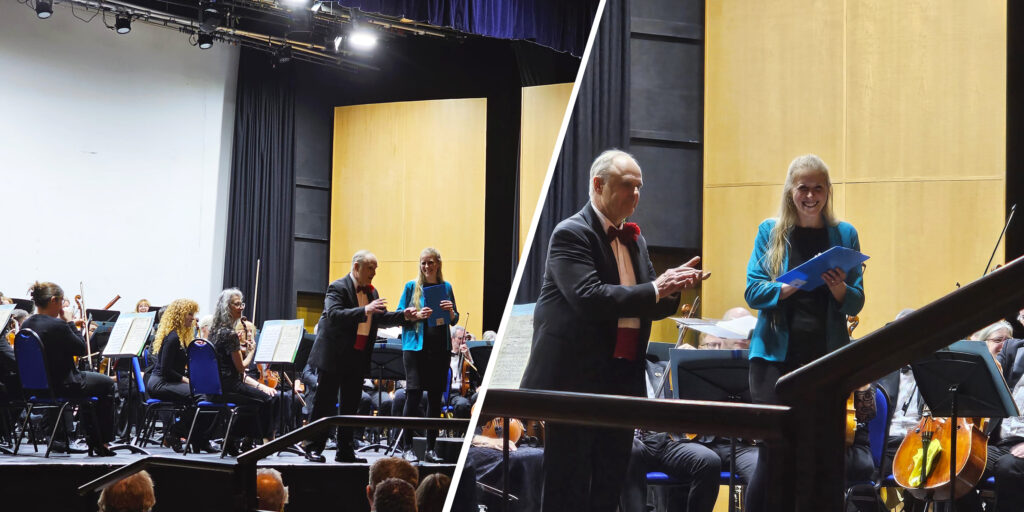 A collage of images showing Darrell conducting the orchestra, and Darrell with Ali speaking to the audience