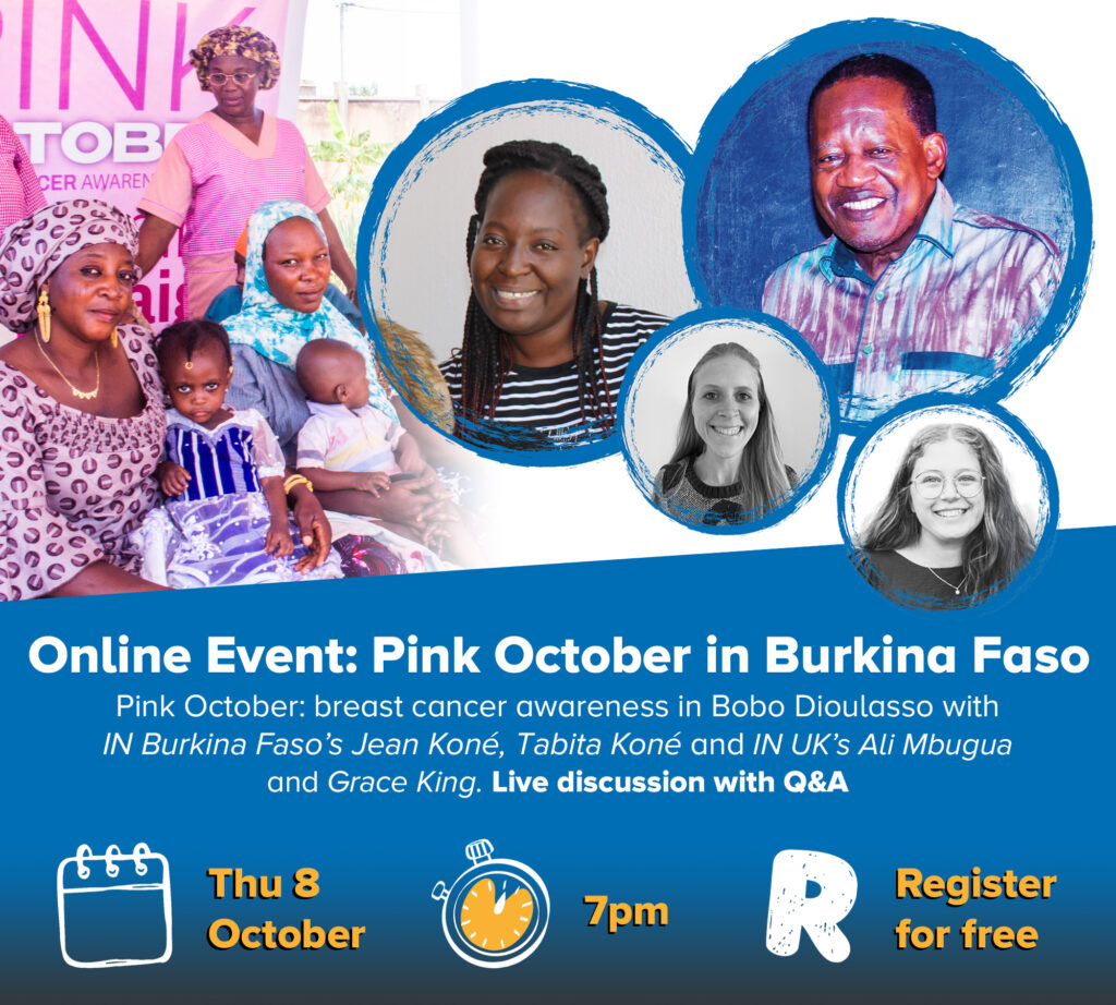 Graphic showing event details and photos of Tabita and Jean Kone smiling, along with IN UK staff Ali and Grace