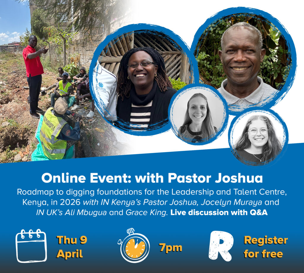 Graphic showing event details and photos of Pastor Joshua and Jocelyn smiling, along with IN UK staff Ali and Grace