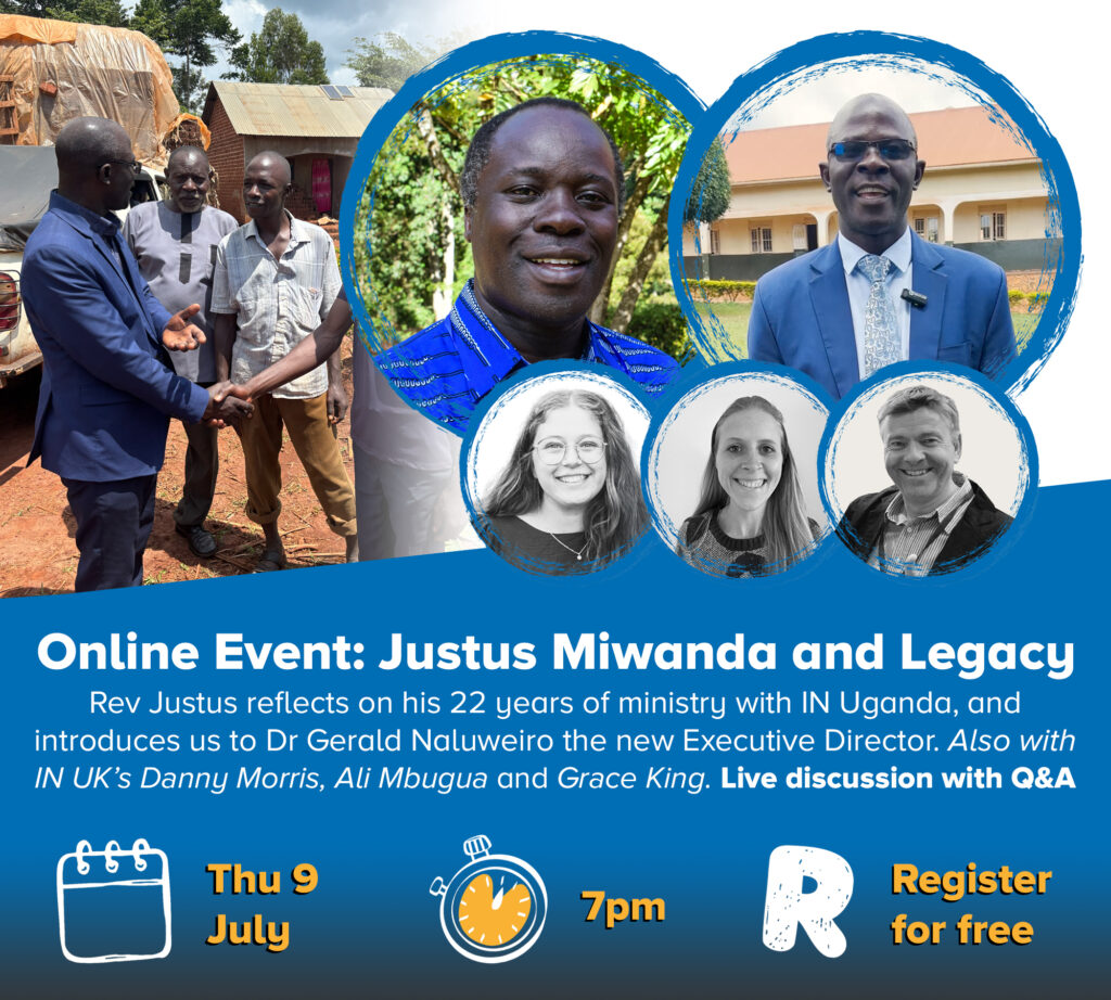 Graphic showing event details and photos of Rev Justus and Dr Gerald smiling, along with IN UK staff Ali, Danny and Grace
