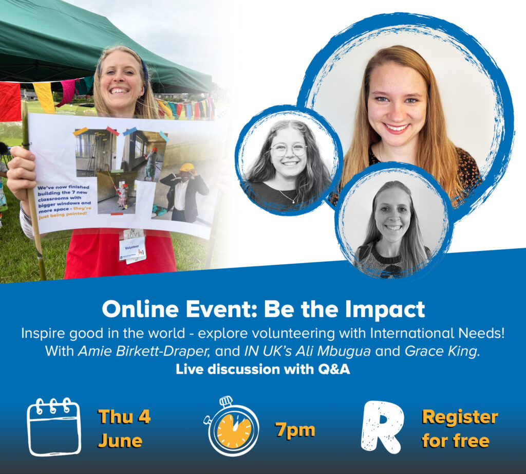 Graphic showing event details and photos of Amie smiling, along with IN UK staff Ali and Grace
