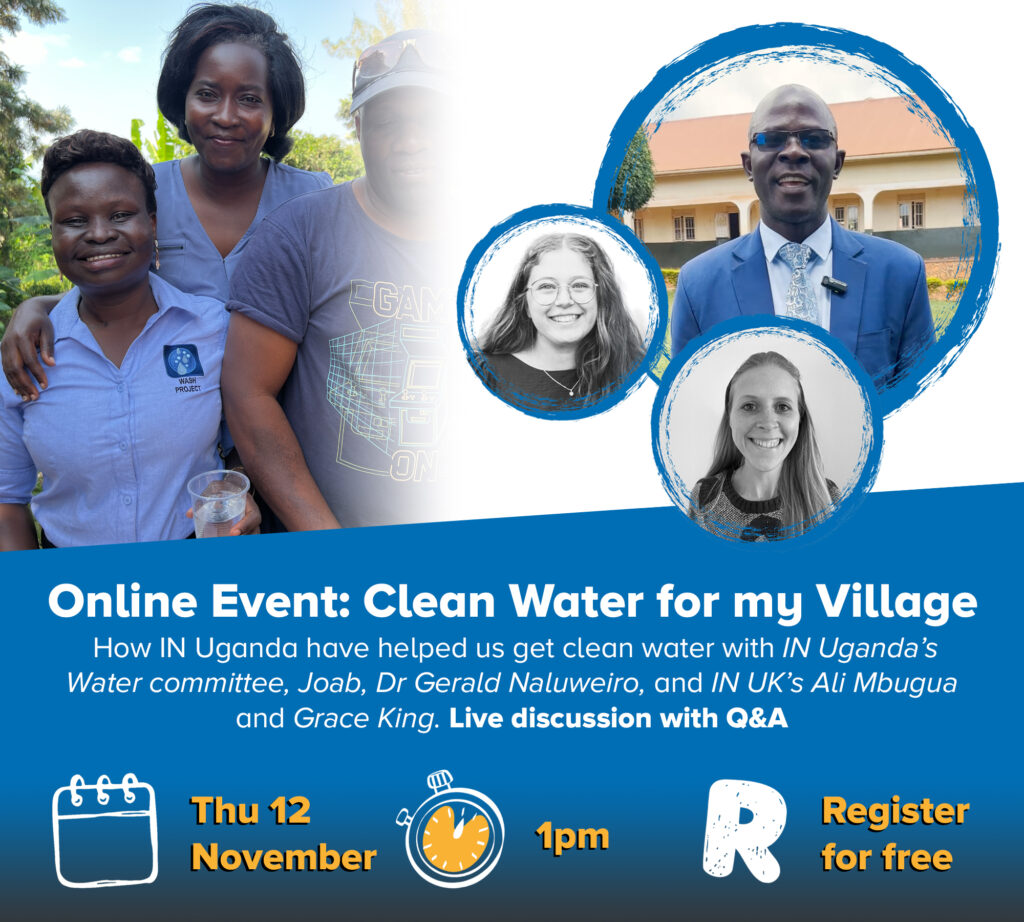 Graphic showing event details and photos of Dr Gerald smiling, along with IN UK staff Ali and Grace