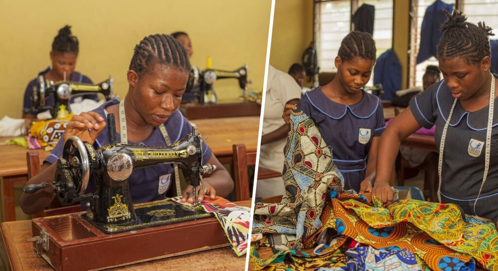Two pictures side by side showing students at sewing machines and choosing scraps of patterned fabric