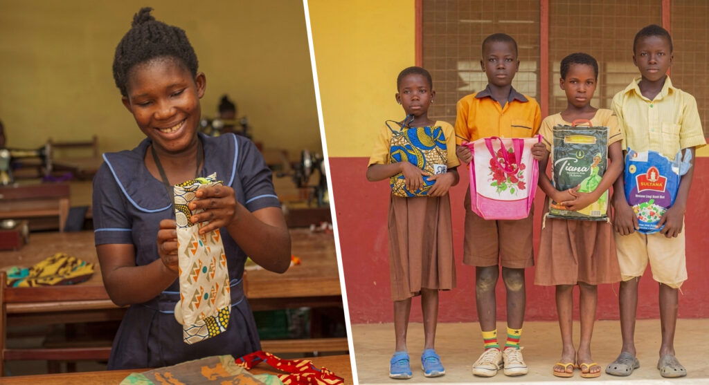Two photos side by side showing a student halfway through sewing a bag, and then four children holding the finished bags