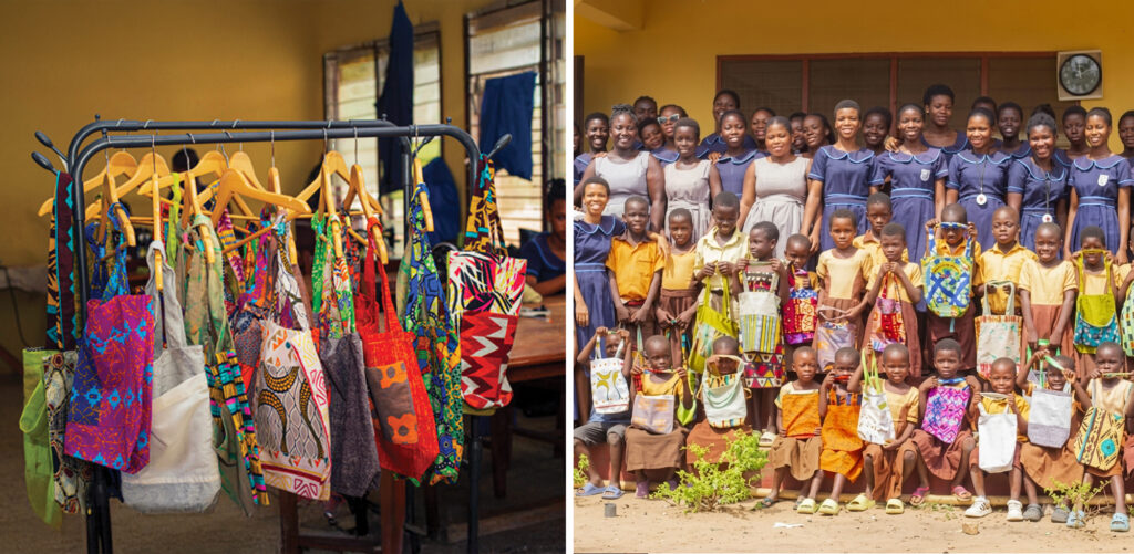 Two photos: one shows the colourful array of bags on a clothes rail, and then over 20 children holding the bags with the students that made them