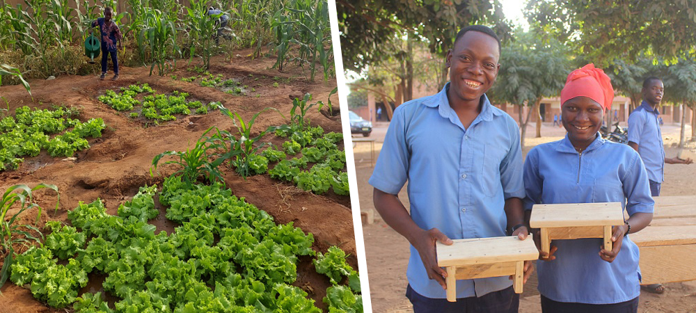 Lots of green salad being grown in squares plus corn in the background and then a photo of two smiling students proudly holding their wooden benches