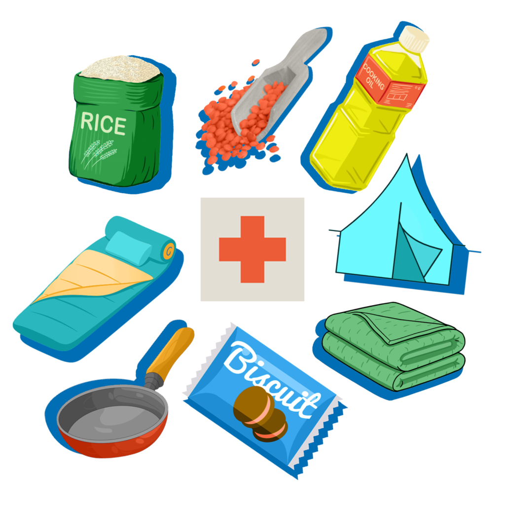 images of essential supplies with an emergency symbol in the centre